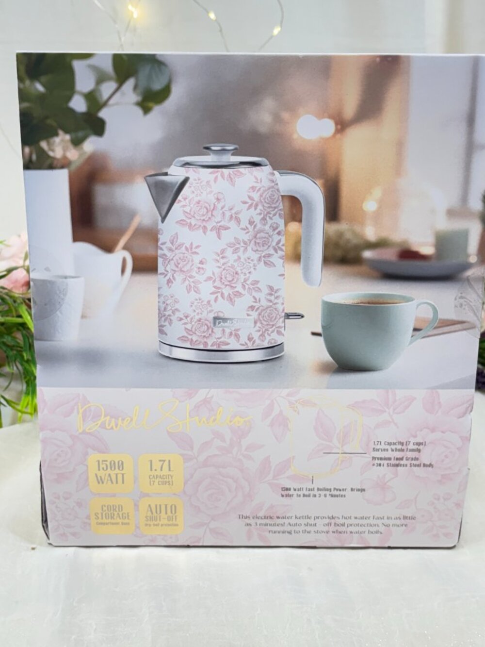 Dwell Studio Electric Water Kettle 1.7L 1500W Pink Floral Rose Stainless Steel